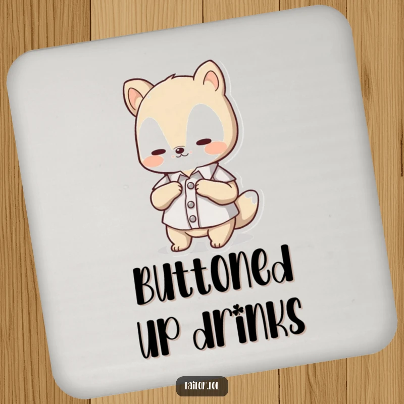 Funny Drink Coaster: Cute animal character adjusting a tiny button on a miniature shirt, protecting the surface.