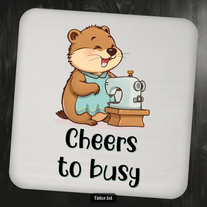 Funny busy beaver tailor sewing on a drink coaster, adding humorous DIY spirit to tabletops.