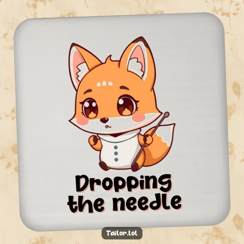 Funny surprised fox tailor dropping a needle, wide-eyed, protective drink coaster, sewing humor, perfect funny gift.