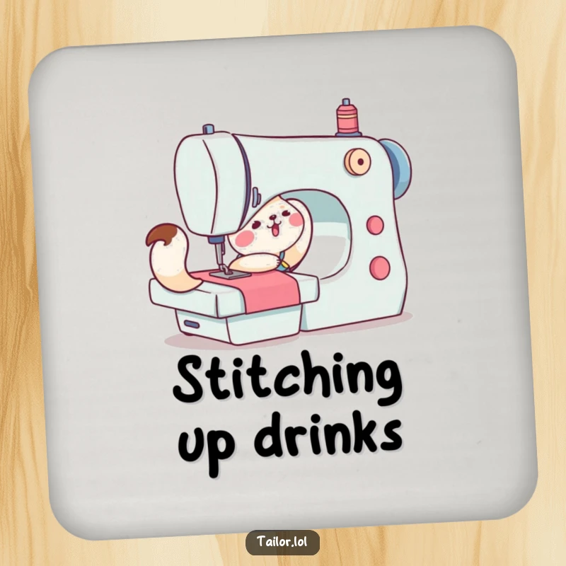 Funny drink coasters featuring a cute animal character struggling to push a large sewing machine, offering humorous protection for surfaces.
