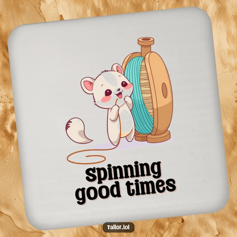 Funny drink coaster with an animal character playfully pulling a thread from a giant spool, adding playful protection.