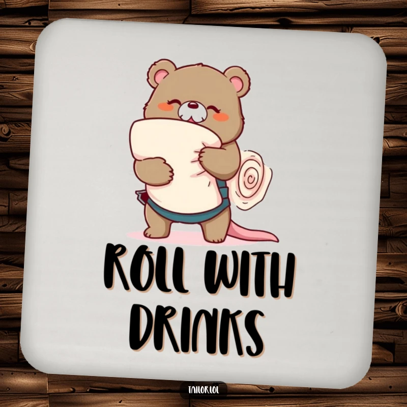 Funny playful bear tailor wrestling a large roll of fabric, protective drink coaster, sewing humor, perfect funny gift.