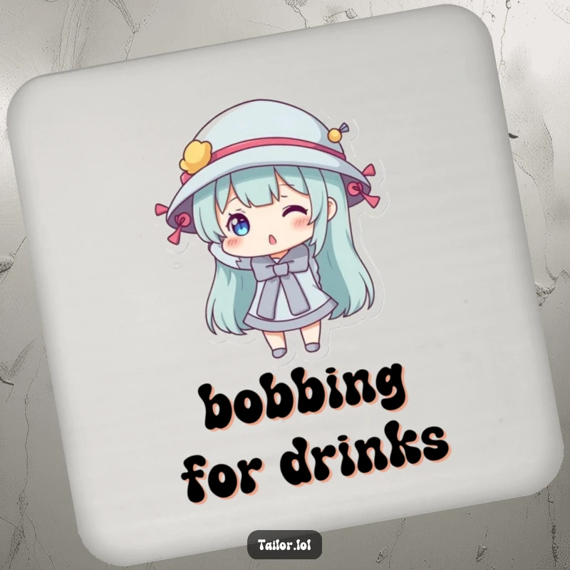 Funny coaster set with a character playfully wearing a hat decorated with sewing bobbins, protecting surfaces with style and humor.