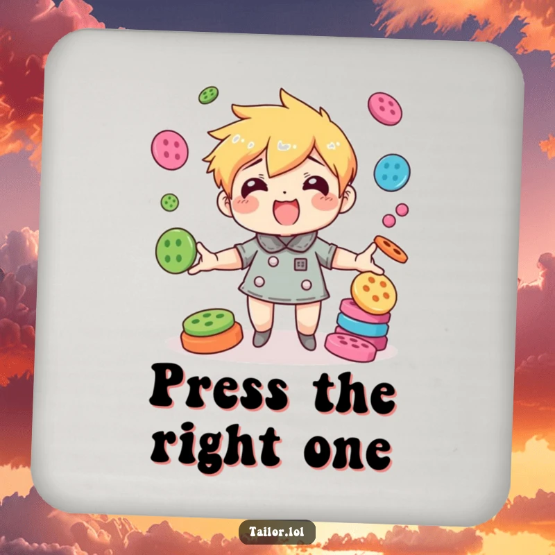 Funny character hilariously juggling colorful buttons with amazing agility, a humorous and protective coaster.