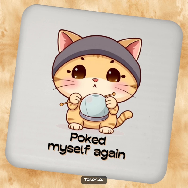 Funny surprised cat character wearing a thimble, inspecting a large sewing needle, on a drink coaster for table protection.