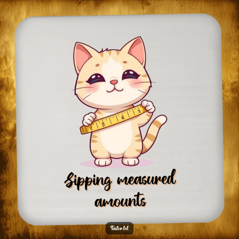 Funny coasters featuring a cute cat happily measuring fabric with a tape measure, protecting surfaces with humor.