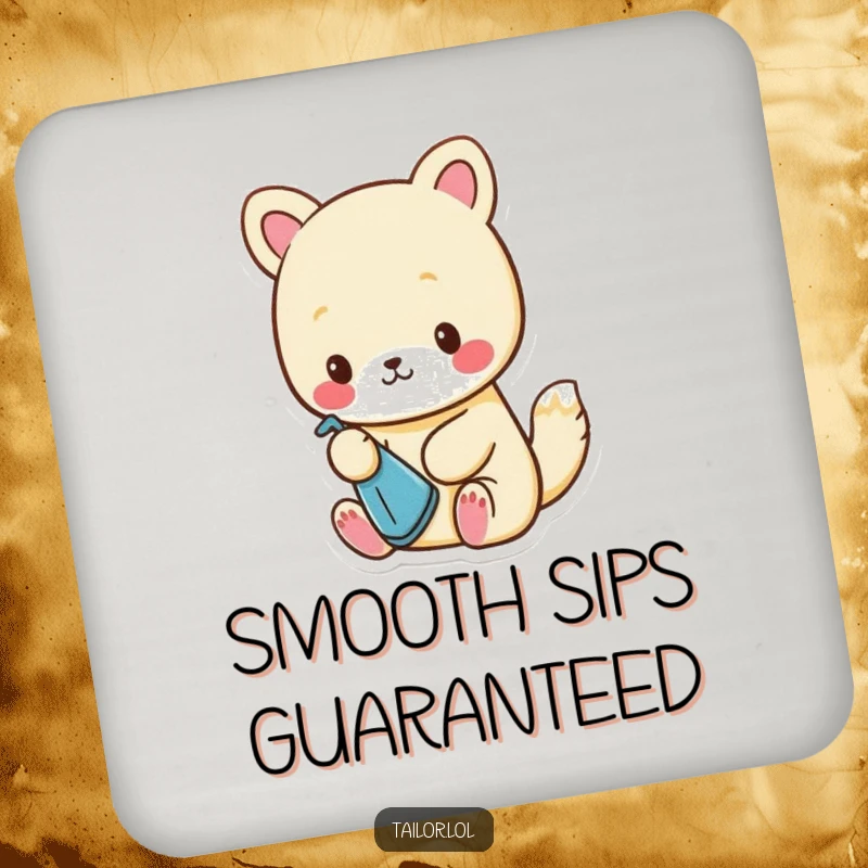 Funny Drink Coaster: Cute animal character ironing a tiny piece of cloth, protecting the surface with precision.