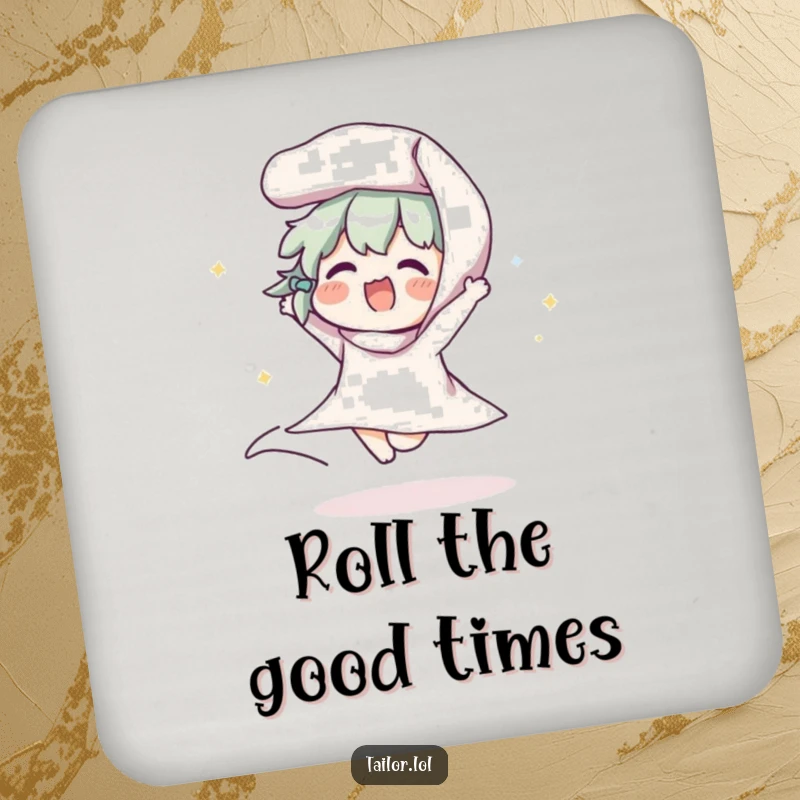 Funny drink coaster featuring a character joyfully bouncing a roll of fabric, adding humor to drink service for crafters.