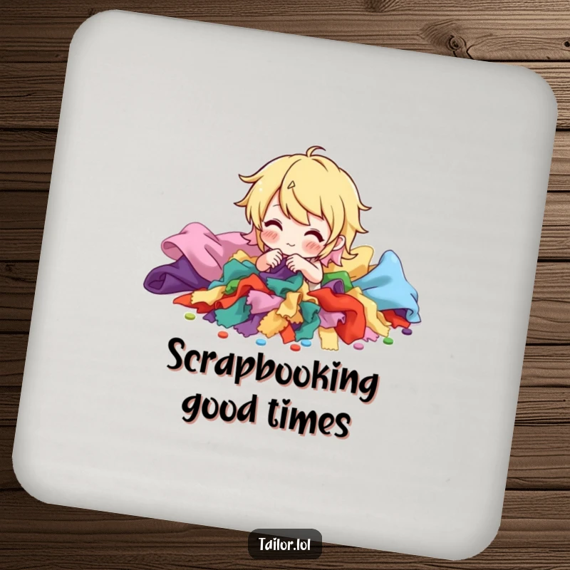 Funny drink coasters with a character sorting a pile of colorful fabric scraps, protecting surfaces with sewing humor. A unique gift.