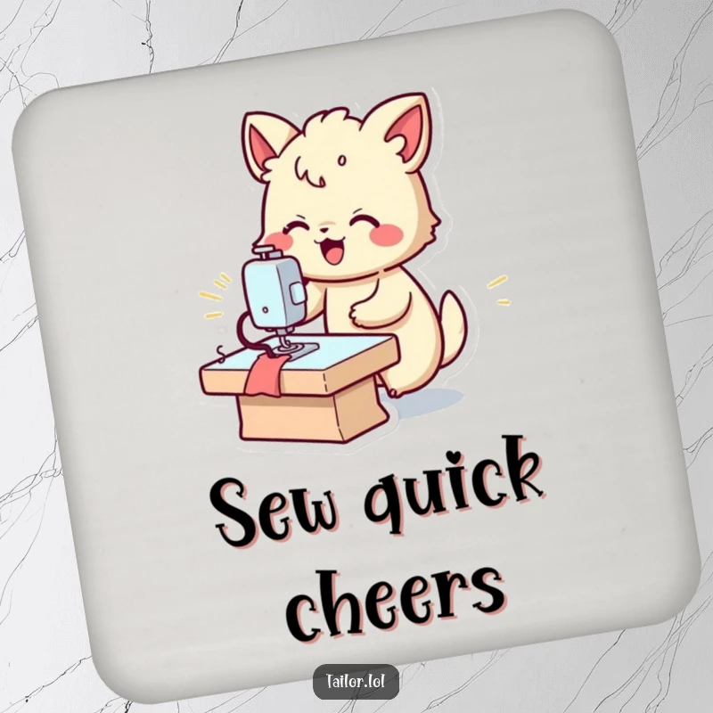 Funny fast sewer coaster, a joyful animal using a sewing machine quickly, protecting surfaces.