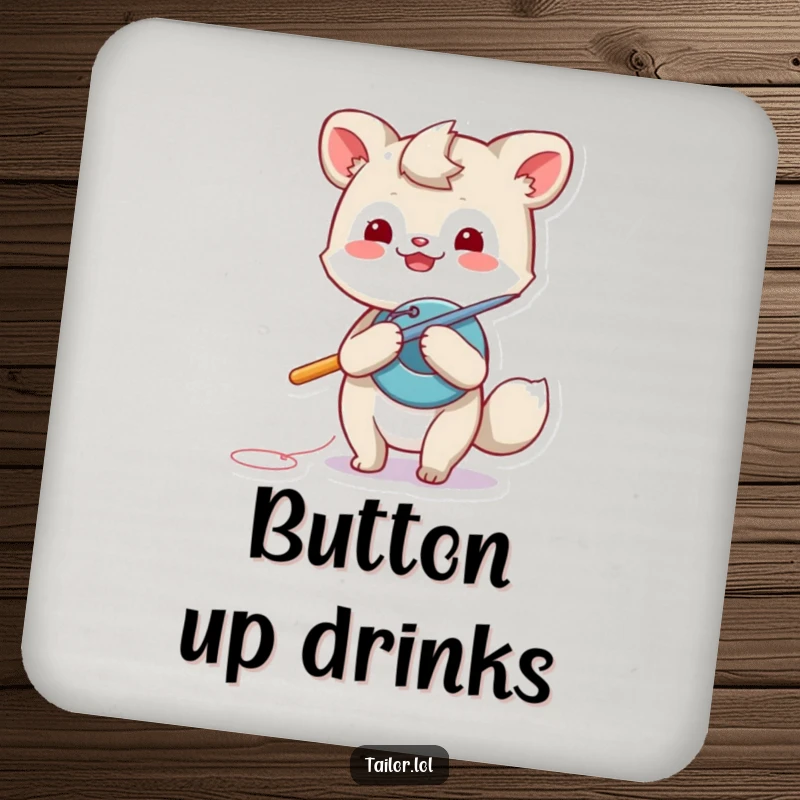 Funny animal drink coaster, a playful creature using a giant needle to sew a button, adding a touch of DIY charm.