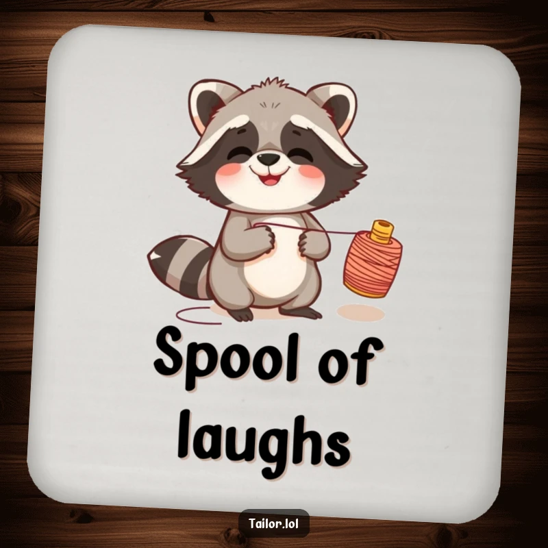 Funny giggling raccoon drink coaster art of a raccoon pulling a thread spool, for playfully humorous gatherings.