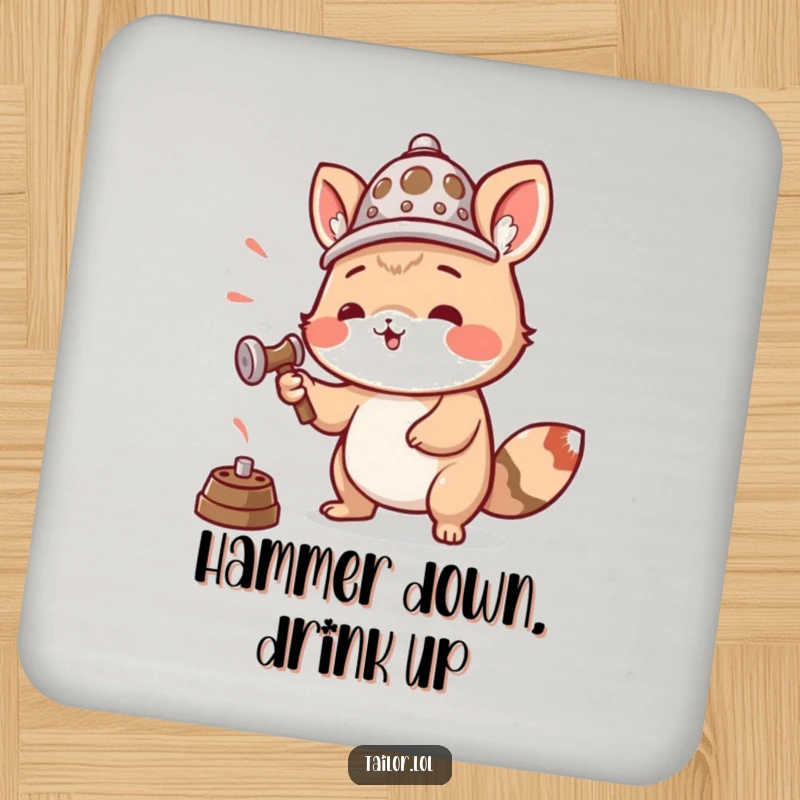 Funny drink coaster featuring an animal wearing a thimble as a hat, enthusiastically hammering, a humorous addition to any surface.