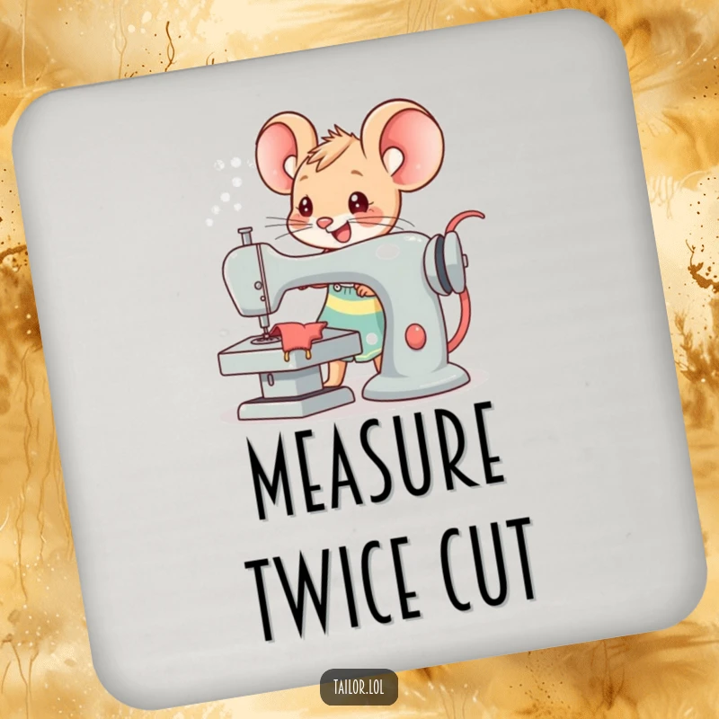 Funny Kawaii mouse tailor character joyfully operating an oversized sewing machine, a humorous and protective drink coaster for sewers.