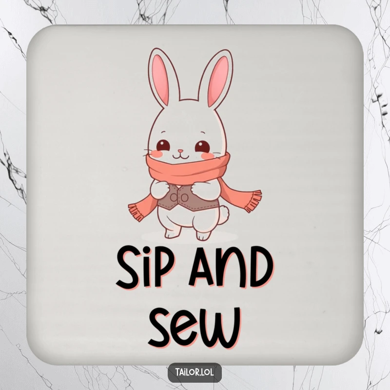 Funny giggling Kawaii rabbit tailor character measuring a ridiculously long scarf on a drink coaster, unique and funny gift.