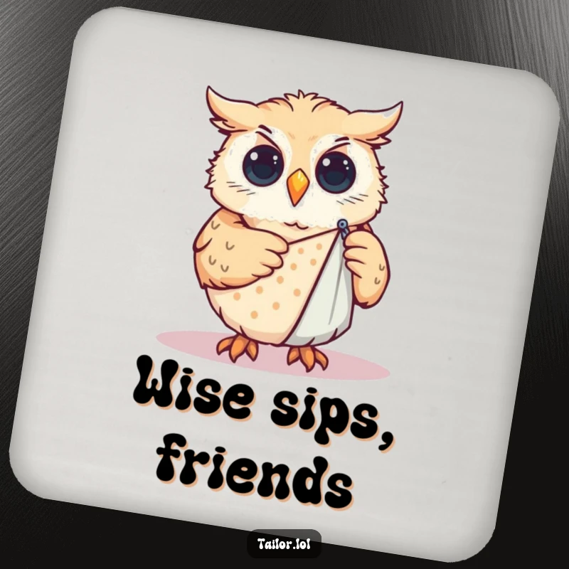 Funny Coasters: Curious owl pinning a sewing pattern onto fabric, adding wise humor and surface protection.