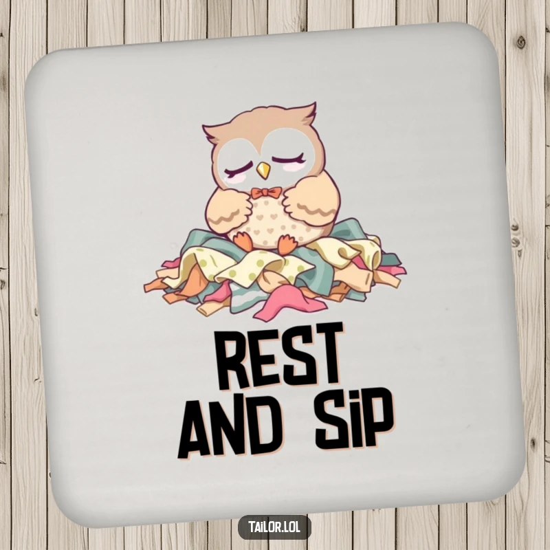 Funny Coaster: A sleepy Kawaii owl tailor character naps on fabric scraps, offering protection with a humorous and serene theme.