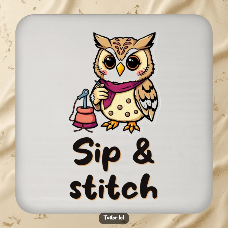 Funny focused owl tailor stitching a patch on a drink coaster, adding humorous craft flair to tabletops.