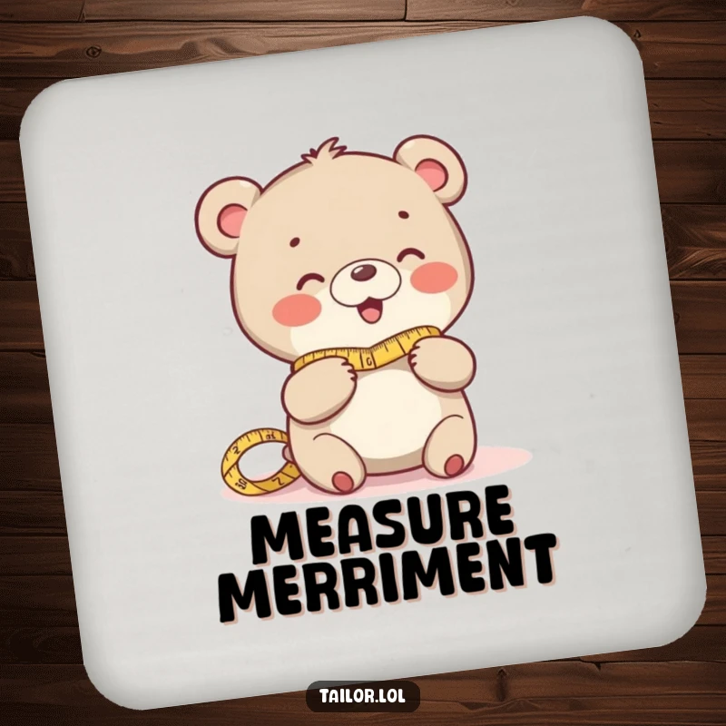 Funny drink coaster with a giggling bear character measuring fabric, adding humor to any drink setup.