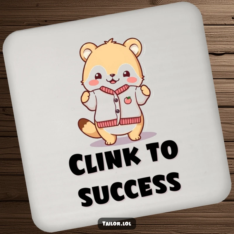 Funny Proud Crafter Coasters: A cute animal character proudly displaying a finished tiny garment. Protects furniture with a humorous, proud theme.