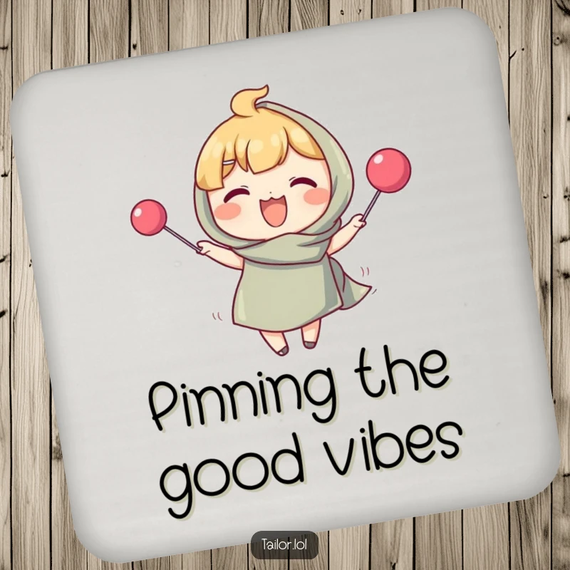 Funny drink coasters with a character pinning fabric using an oversized pin, protecting surfaces with quilting humor. A unique gift.