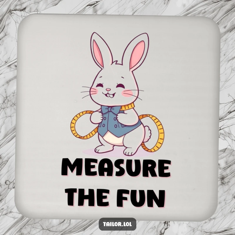 Funny joyful rabbit tailor hopping with a measuring tape on a drink coaster, adding humorous craft flair to tabletops.