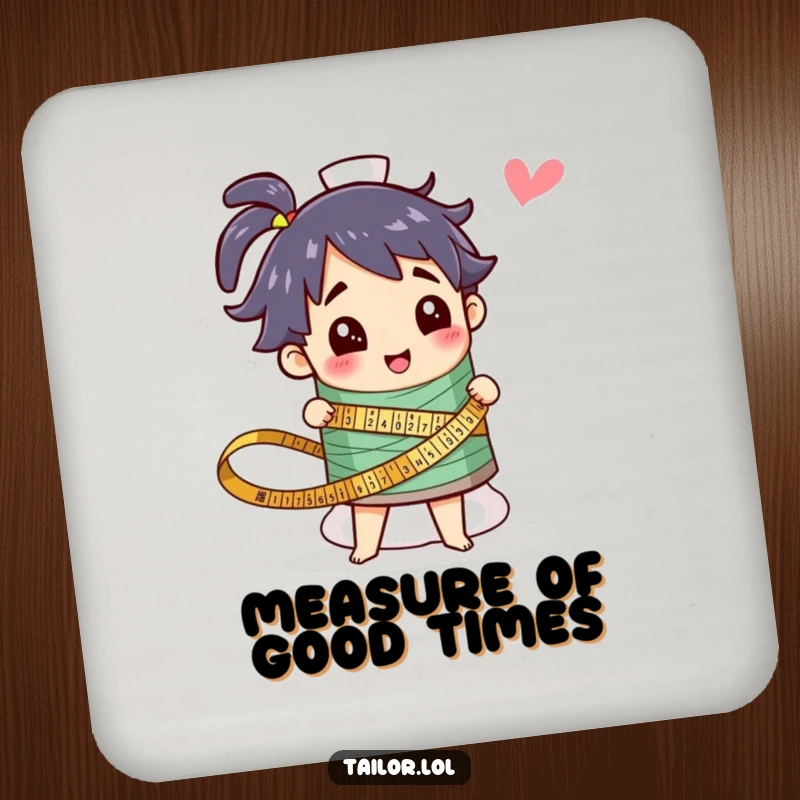 Funny drink coasters with a character measuring a huge colorful thread spool, protecting surfaces with sewing humor. A unique gift.