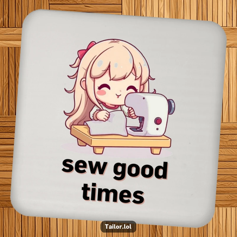Funny coaster set with a determined character using a sewing machine, protecting surfaces with style and humor.