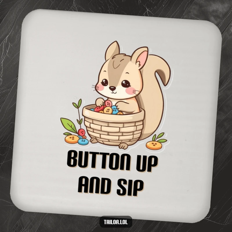 Funny playful squirrel character collecting buttons in a basket, a charming and protective drink coaster.