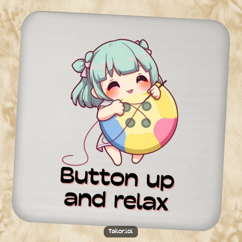 Funny character happily stitching a button, featured on a round drink coaster.
