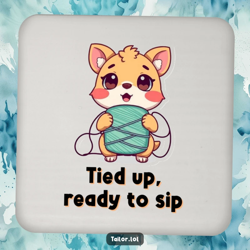 Funny Tangled Animal Coaster, a surprised animal tangled in thread, protecting surfaces with humor.