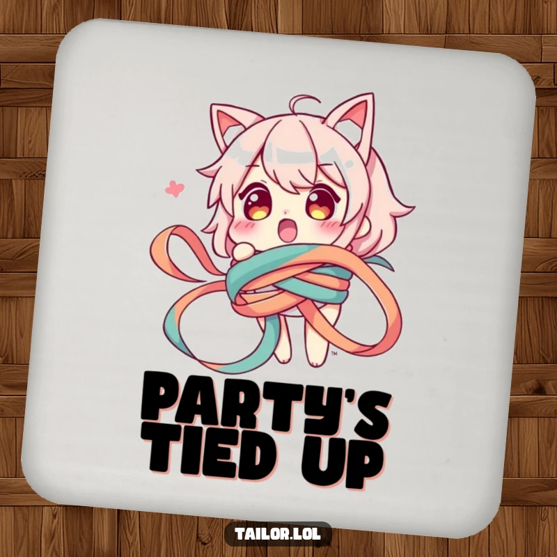 Funny drink coaster featuring a surprised character amusingly tangled in a long ribbon, adding humor to drink service.