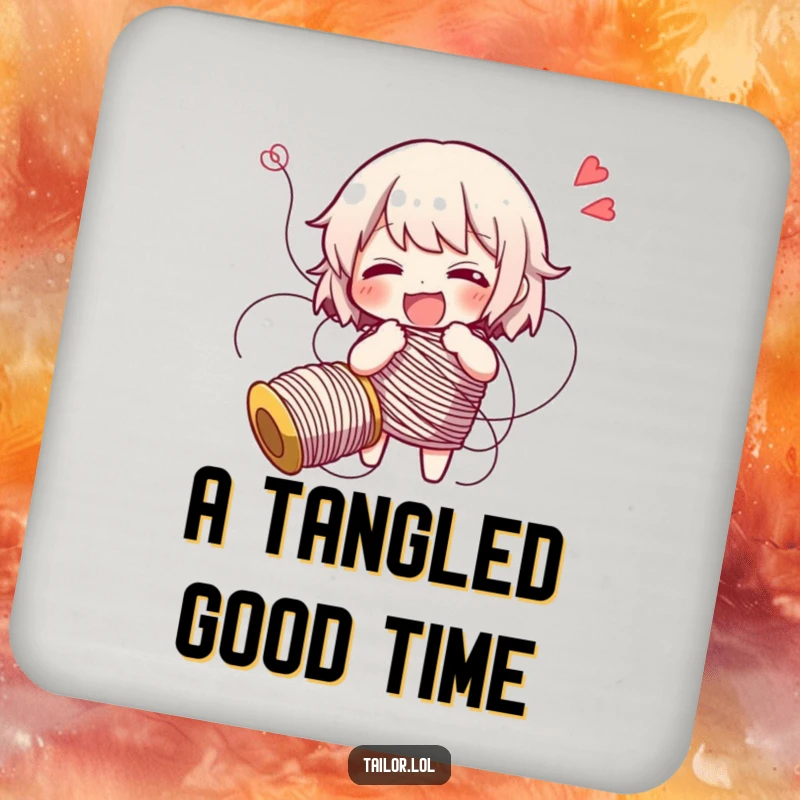 Funny character hilariously tangled in thread, giggling, a humorous and protective drink coaster.