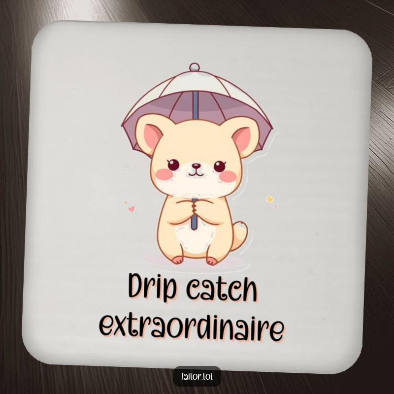 Funny drink coaster featuring a cute animal character using a thimble as a tiny umbrella, providing humorous surface protection.