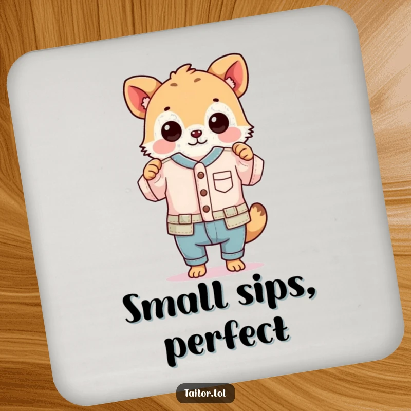 Funny drink coaster featuring an animal proudly holding a ridiculously small, perfectly sewn garment, celebrating meticulous work.