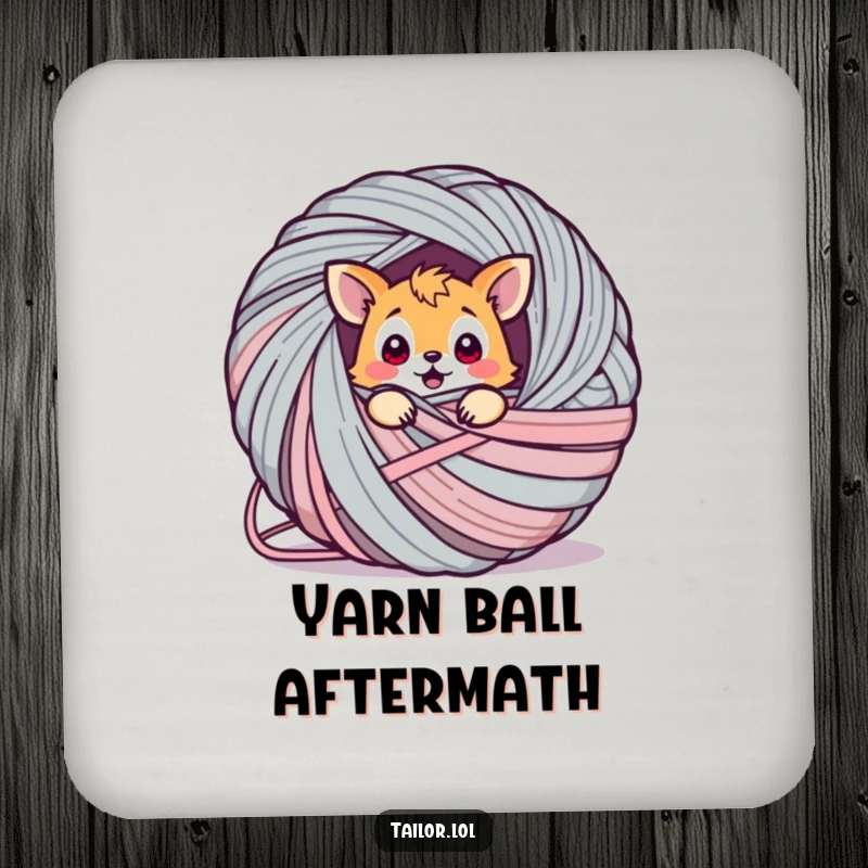 Funny animal drink coaster, a cute creature adorably tangled in a giant ball of yarn, adding charm to any table.