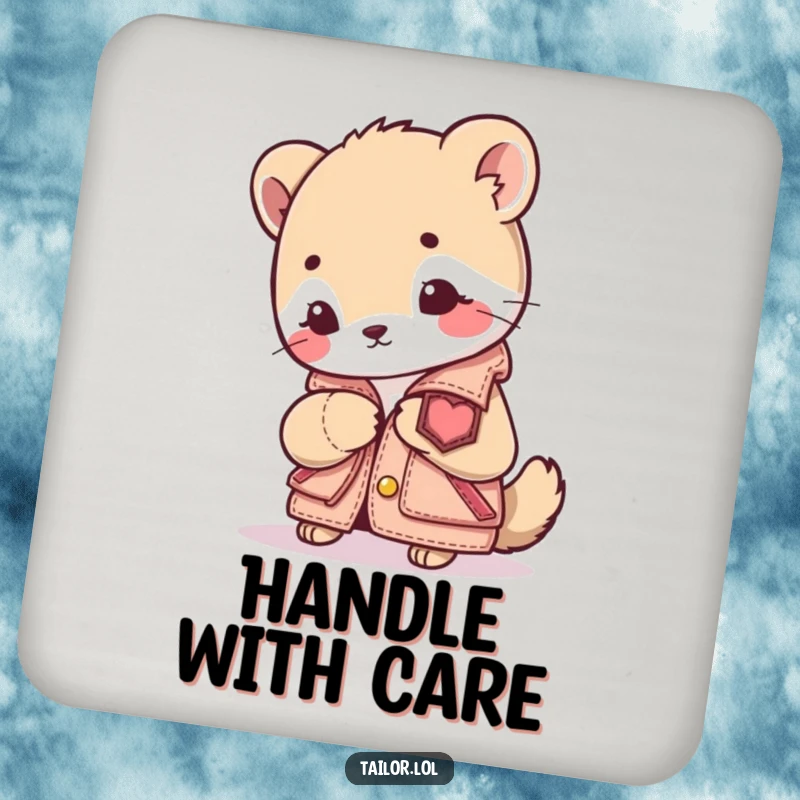 Funny Sewing Animal Coasters: A cute animal character intently sewing a patch onto a tiny jacket. Protects furniture with a humorous crafting theme.