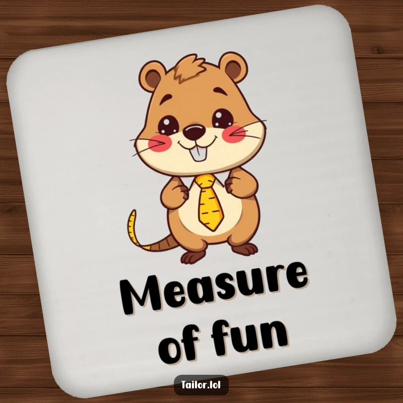 Funny Kawaii beaver tailor character wearing a measuring tape as a necktie, a humorous and protective drink coaster for sewers.
