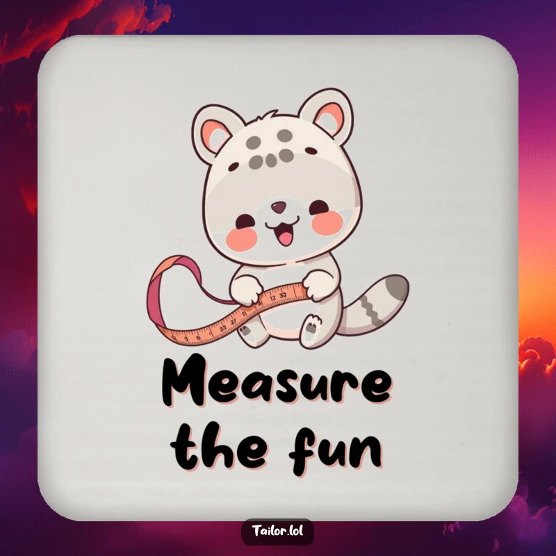 Funny animal measurer coaster, a cute animal using a tape measure on fabric, protecting surfaces.
