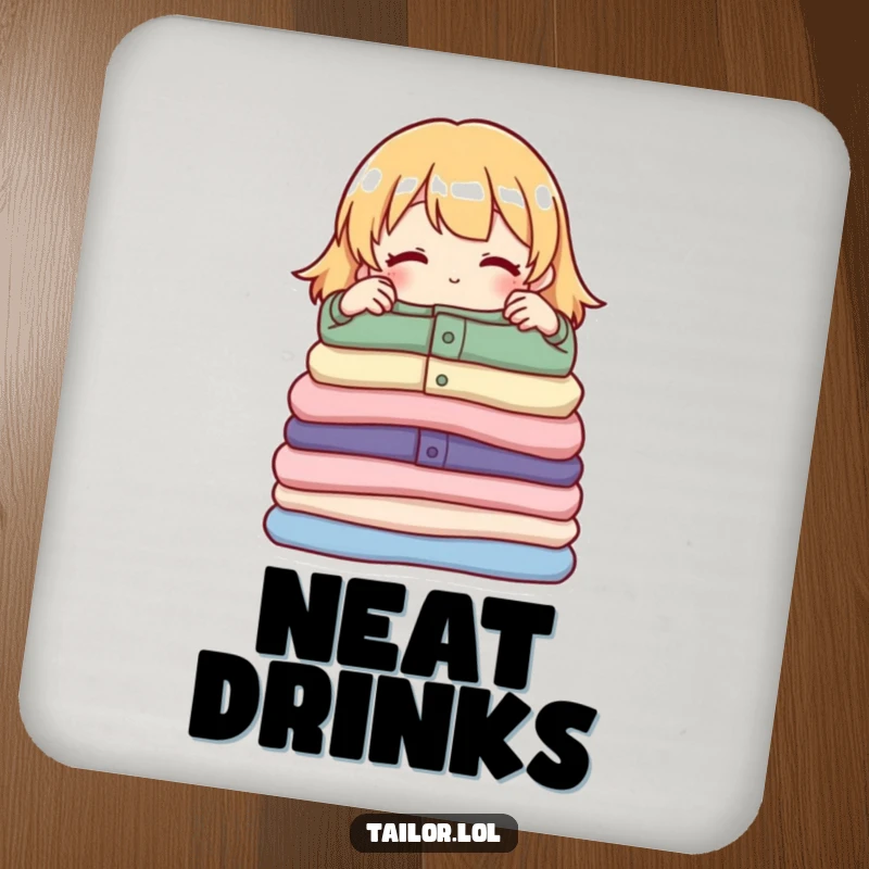 Funny coaster set with a proud character adjusting a neat pile of folded garments, protecting surfaces with style and humor.