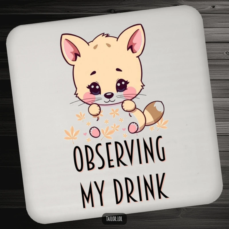 Funny drink coasters featuring a cute animal character with an intense gaze, examining a pattern, offering humorous surface protection.