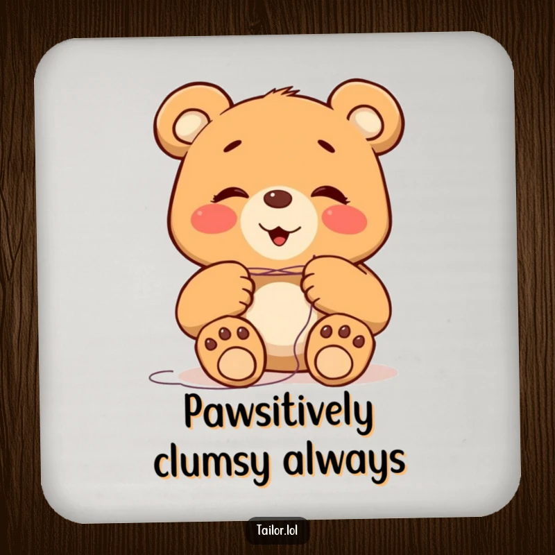 Funny giggling bear character with large paws attempting to thread a tiny needle, on a drink coaster for table protection.