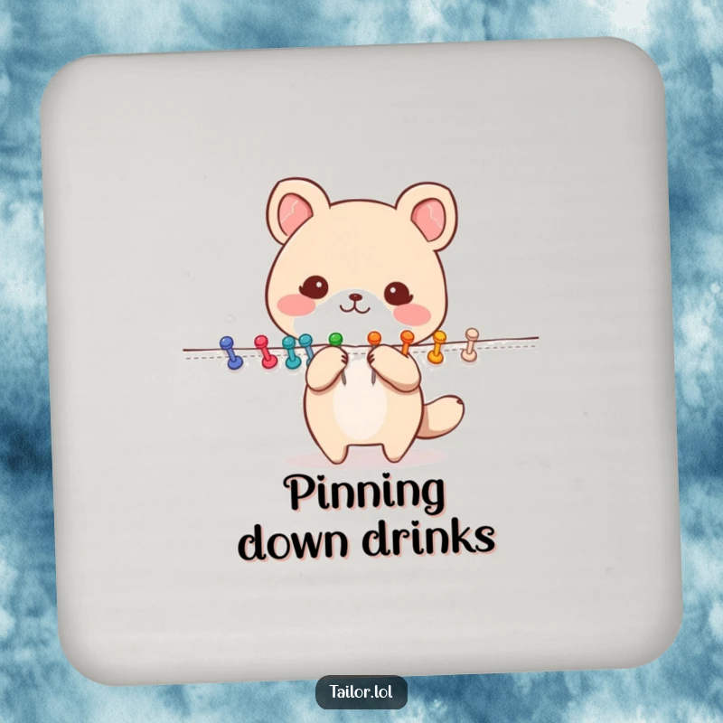Funny Pinning Animal Coasters: A cute animal character happily pinning fabric with colorful pins. Protects furniture with a humorous, organized theme.