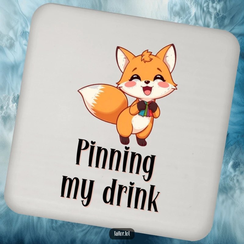 Funny coaster set featuring an excited fox pinning a colorful swatch to its tail, adding playful decor.