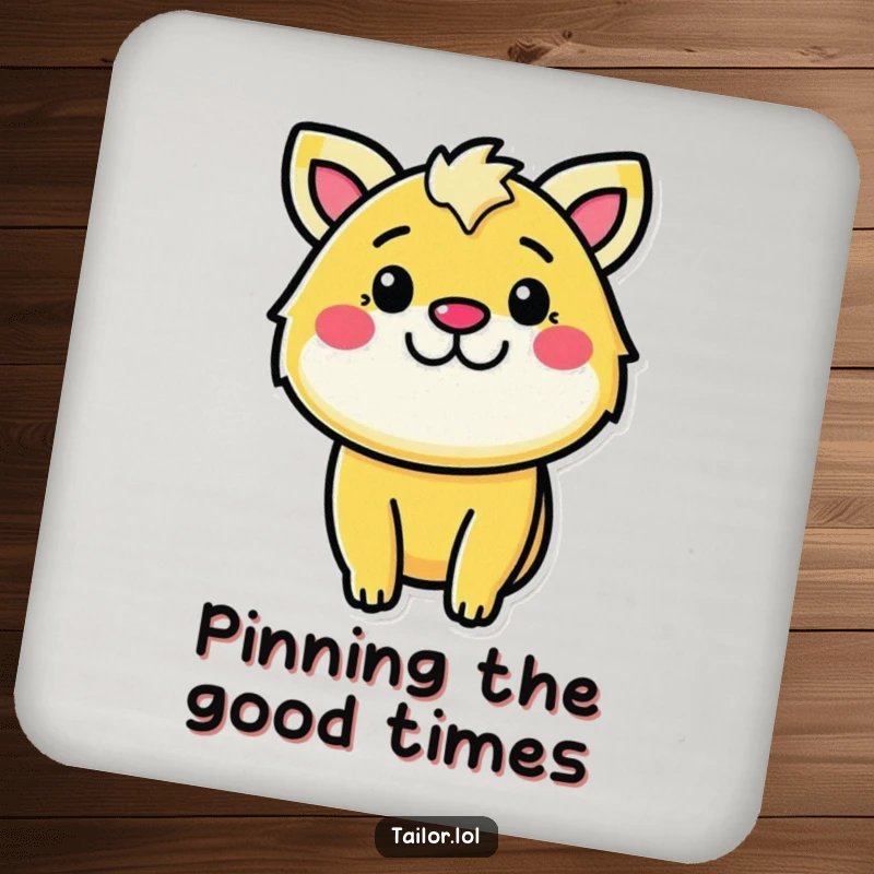 Funny determined sewer coaster, a cheerful animal pinning fabric with determination, protecting surfaces.