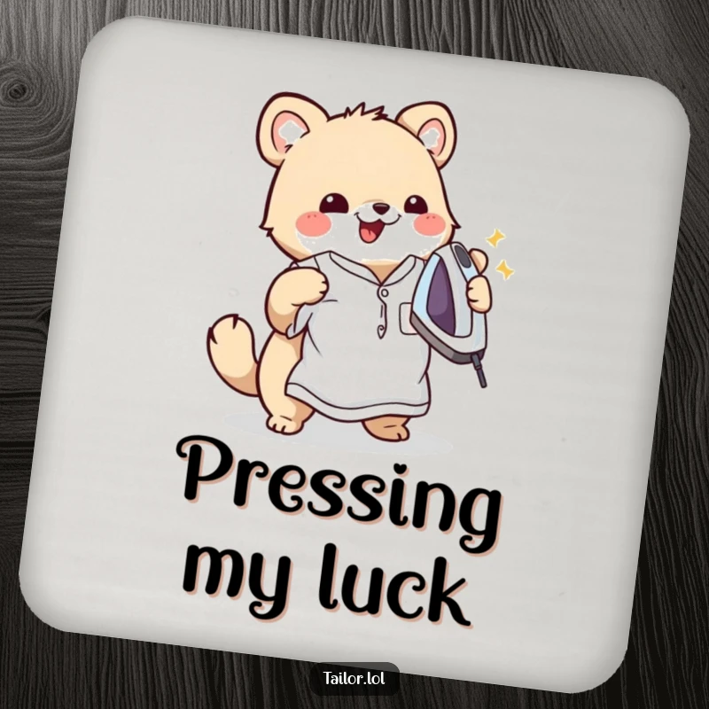 Funny drink coasters featuring a cute animal character happily ironing a wrinkled shirt, offering neat surface protection with a humorous touch.
