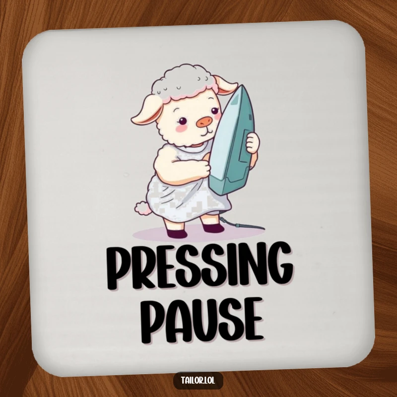 Funny silly sheep drink coaster art of a sheep ironing a wrinkled shirt with a giant iron, for humorously protected surfaces.