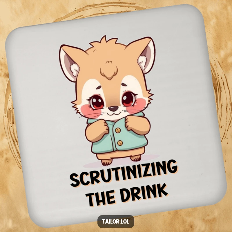 Funny drink coaster featuring a curious animal character examining a garment with a critical eye, providing humorous surface protection.