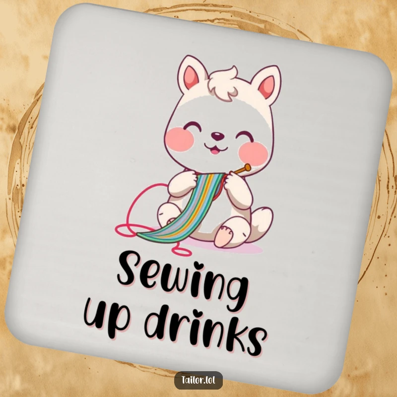 Funny sewing animal drink coaster with a cheerful character creating a colorful stitch, protecting tables with humor.