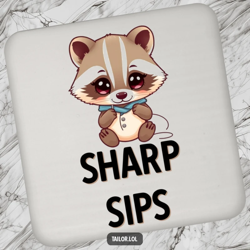 Funny Kawaii badger tailor character examining a needle and thread with wide eyes on a drink coaster, unique and funny gift.